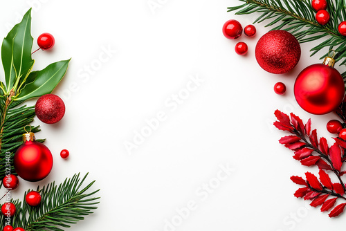 A white background with red and green decorations