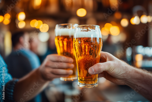 Two people are holding up their beer glasses in a bar photo