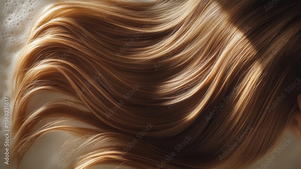 A close-up view of flowing, shiny golden-brown hair, showcasing smooth textures and gentle waves under natural light. A close-up view of flowing, shiny golden-brown hair, showcasing smooth textures and gentle waves under natural light.