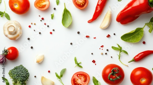 Healthy vegetarian food. Different vegetables on white background, flat lay. Space for text