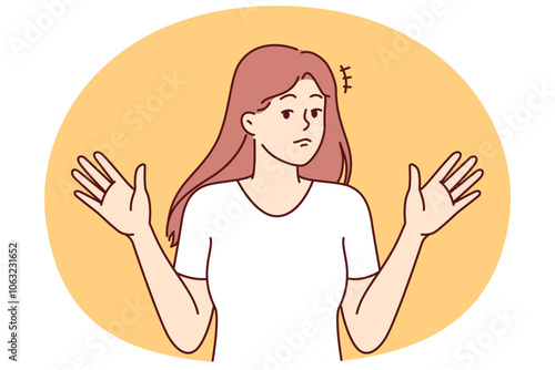 Woman throws up hands, denying involvement in problem or demonstrating ignorance of answers to question asked. Girl raises hands, denying presence of trouble and being in confusion or uncertainty