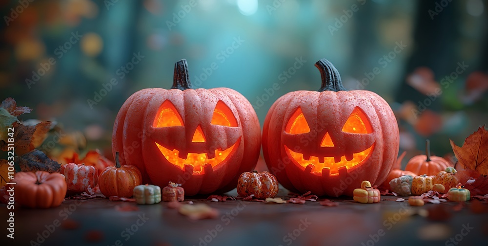 Couple of Carved Pumpkins with Lit Faces for Festive Halloween Spirit
Couple of Carved Pumpkins with Lit Faces for Festive Halloween Spirit