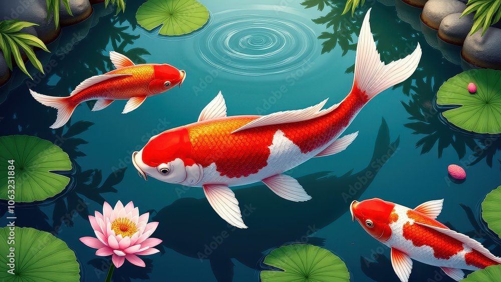 A tranquil pond scene with koi fish tai and Japanese motifs, highlighted by water lilies and delicate ripples A tranquil pond scene with koi fish tai and Japanese motifs, highlighted by water lilies and delicate ripples