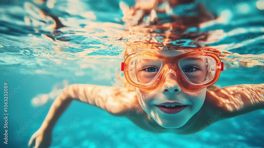 Naklejka premium Captivating underwater closeup shot of a child wearing swim goggles, exploring the clear blue pool water. The ripples above add a dynamic effect to this vibrant and playful summer