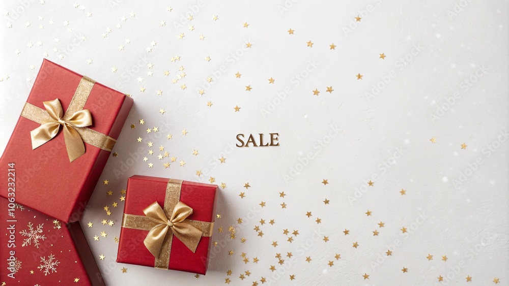 Two red gift boxes with gold ribbons placed against a light background sprinkled with gold confetti, featuring the word Two red gift boxes with gold ribbons placed against a light background sprinkled with gold confetti, featuring the word