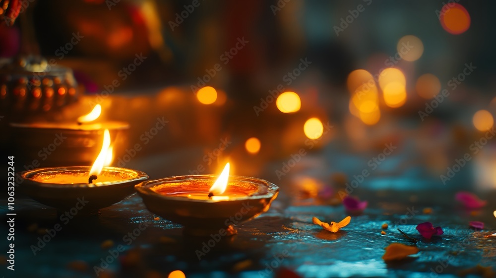 Two Burning Diyas with Flames and Flower Petals on a Dark Background Two Burning Diyas with Flames and Flower Petals on a Dark Background
