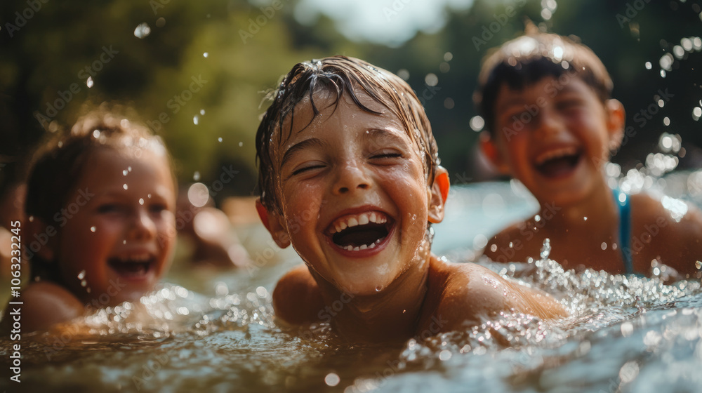 Fototapeta premium Children joyfully splashing and laughing together in a sunny swimming area during a summer day