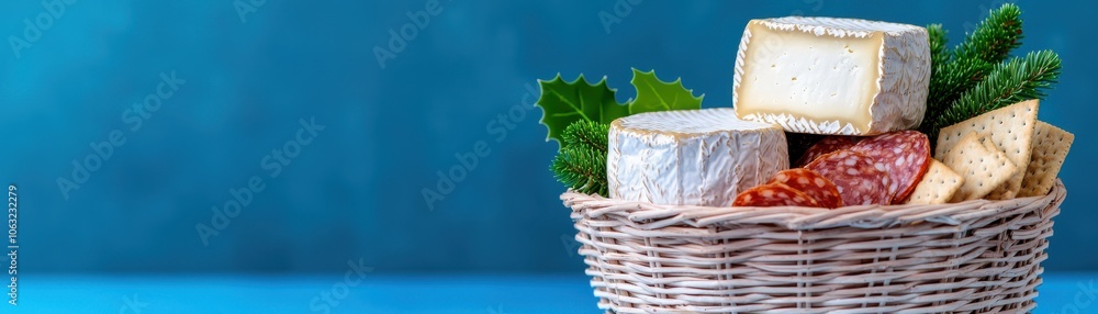 A stylish wicker basket filled with assorted cheeses, cured meats, and greens against a vibrant blue background. A stylish wicker basket filled with assorted cheeses, cured meats, and greens against a vibrant blue background.