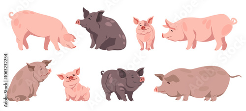 Cartoon pig. Little farm animal sitting isolated, cute baby pet in playful pose. Adorable livestock poster design with a cheerful expression for children s room. Vector illustration