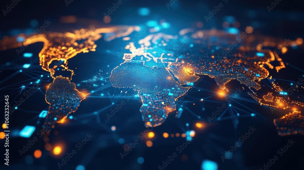 Global Digital Network Map with Illuminated Data Points Connecting Major Cities and Regions, Depicting Global Connectivity and Trade Routes on a High-Tech World Interface Global Digital Network Map with Illuminated Data Points Connecting Major Cities and Regions, Depicting Global Connectivity and Trade Routes on a High-Tech World Interface