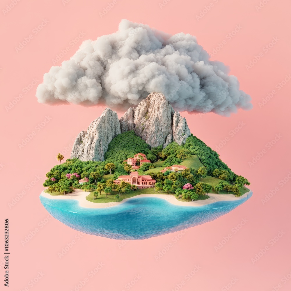 A whimsical island scene featuring a mountain, lush greenery, and clouds. A whimsical island scene featuring a mountain, lush greenery, and clouds.