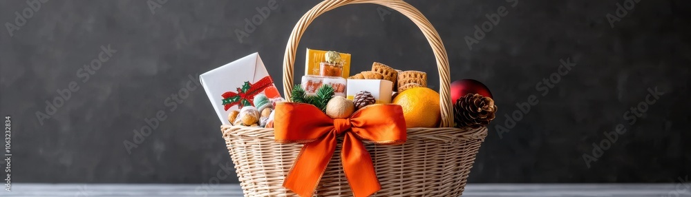 A beautifully arranged gift basket filled with fruits, snacks, and festive decorations, perfect for celebrations. A beautifully arranged gift basket filled with fruits, snacks, and festive decorations, perfect for celebrations.
