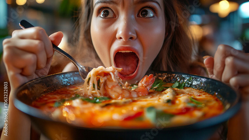 Excited woman prepares to eat steaming bowl of spicy noodles with shrimp at trendy restaurant photo