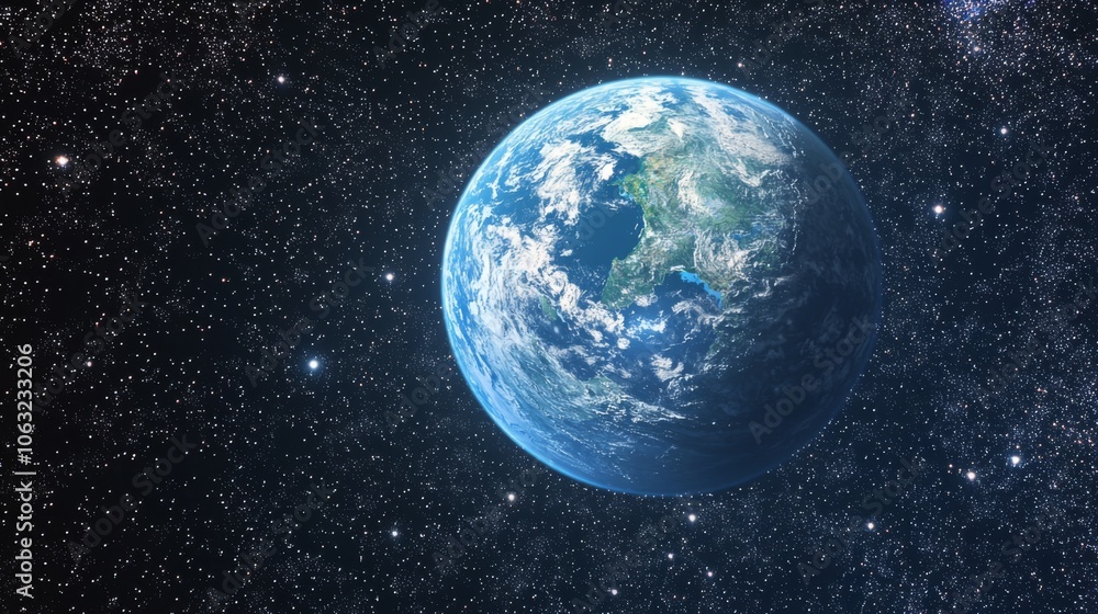 Naklejka premium stunning view of Earth as seen from the vastness of space, with the planet's bright blue oceans and swirling white clouds sharply contrasting against the infinite darkness of space