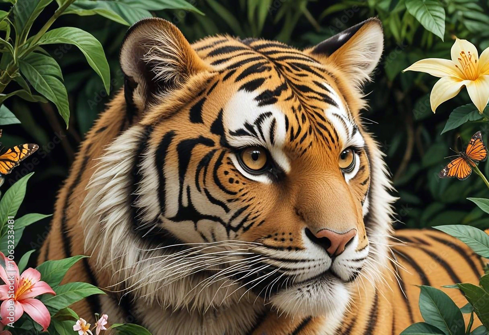 Fototapeta premium Tiger in a forest area among leaves and flowers