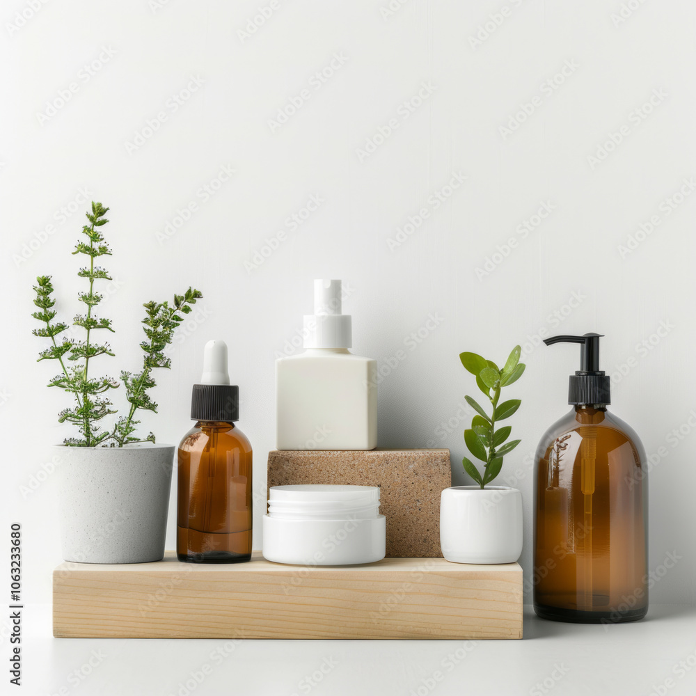 Elegant arrangement of skincare products and plants on a wooden display with a minimalist aesthetic in a neutral-toned environment Elegant arrangement of skincare products and plants on a wooden display with a minimalist aesthetic in a neutral-toned environment