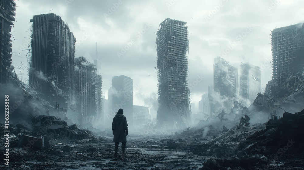 Post-apocalyptic world: vision of desolation and resilience, depicting a solitary survivor navigating through abandoned structures, scarce resources, and eerie silence of a world left in ruins. Post-apocalyptic world: vision of desolation and resilience, depicting a solitary survivor navigating through abandoned structures, scarce resources, and eerie silence of a world left in ruins.