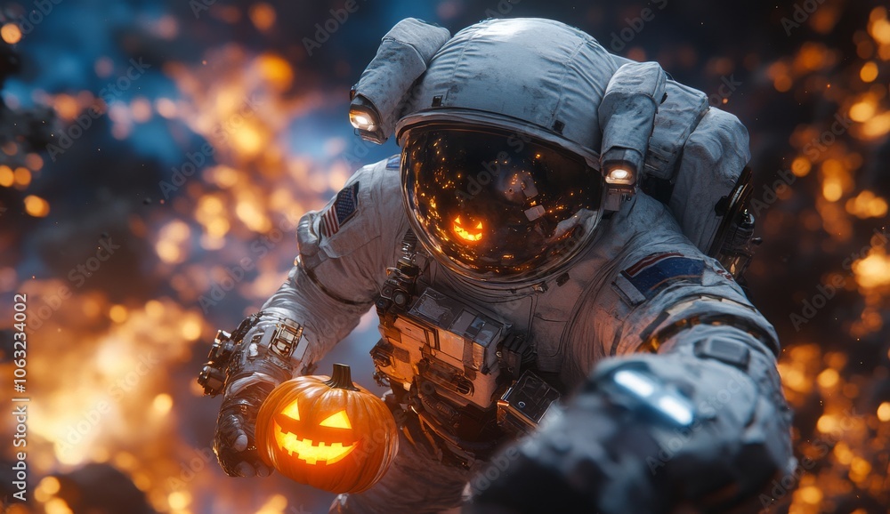 Astronaut holding lit jack o lantern against a background of bright orange and blue bokeh lights . Astronaut holding lit jack o lantern against a background of bright orange and blue bokeh lights .