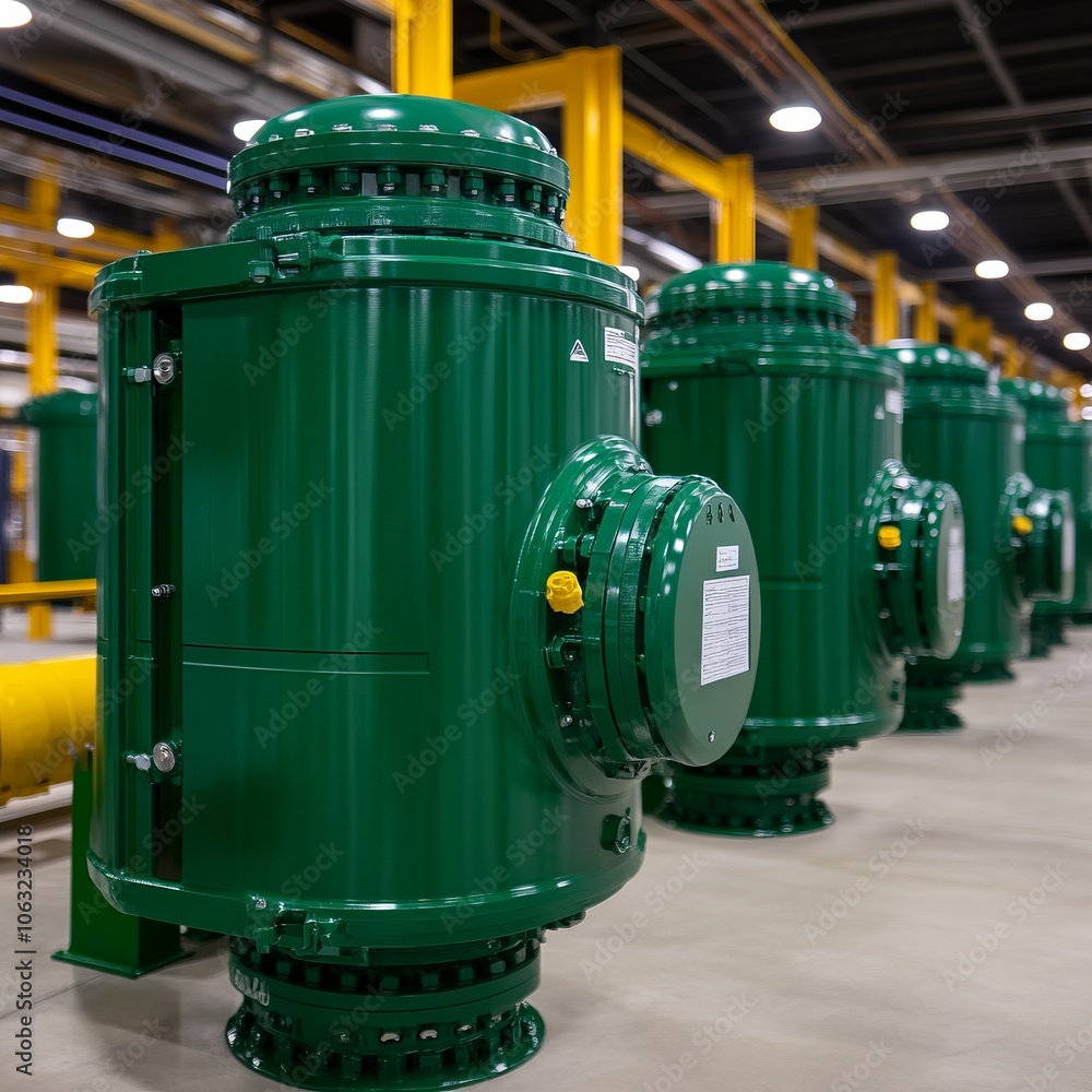 Industrial green tanks lined up in a facility for storage or processing. Industrial green tanks lined up in a facility for storage or processing.