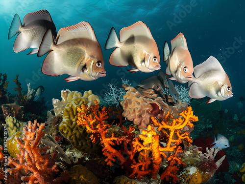 Colorful batfish school gracefully above a vibrant coral bommie in crystal-clear tropical waters. photo