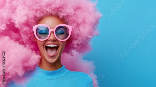 Stylish woman with vibrant pink hair and trendy sunglasses posing on a sunny day