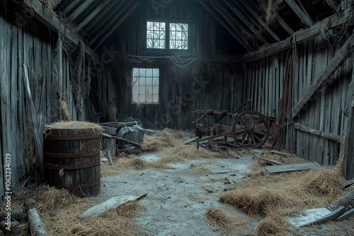 Abandoned barn with broken wooden beams and rotting hay