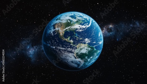 stunning view of Earth as seen from the vastness of space, with the planet's bright blue oceans and swirling white clouds sharply contrasting against the infinite darkness of space