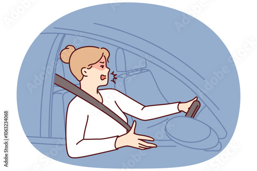 Woman driver got into traffic jam on road and swears feeling furious due to being late for work. Girl driving car during traffic jam on highway is angry at perpetrators of situation