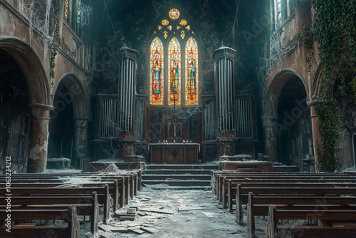 Abandoned church with broken stained glass and rotting pews