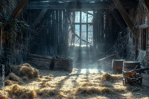 Abandoned barn with broken wooden beams and rotting hay