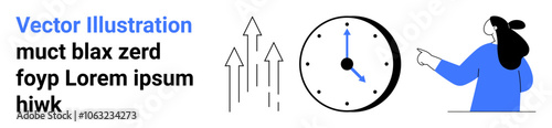 Businesswoman pointing right, clock showing nine, and three upward arrows. Ideal for productivity, time management, growth strategy, deadlines, business planning, efficiency. Banner for landing page