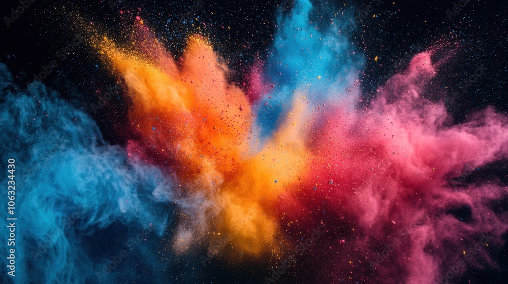 A vivid explosion of multi-colored powder, creating A vivid explosion of multi-colored powder, creating
