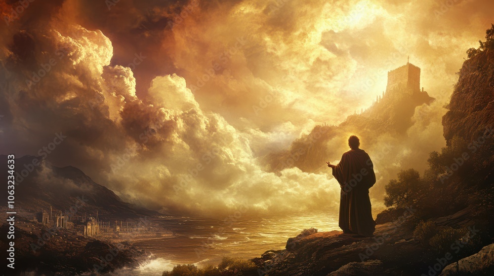 dramatic image of the apostle John receiving visions of the end times on the island of Patmos, as recorded in the Book of Revelation, dramatic image of the apostle John receiving visions of the end times on the island of Patmos, as recorded in the Book of Revelation,