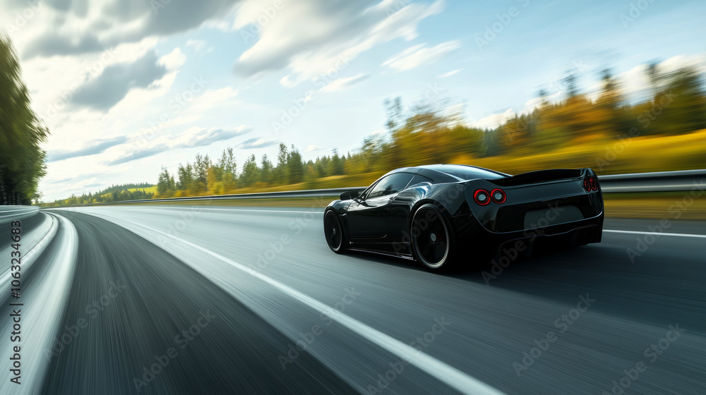 A sleek sports car accelerates down a smooth highway surrounded by vibrant autumn foliage under a bright sky A sleek sports car accelerates down a smooth highway surrounded by vibrant autumn foliage under a bright sky