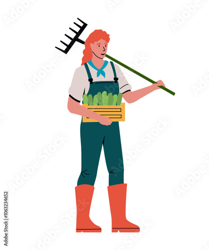 Agriculture worker. Farmer with rake and harvest box. Gardening tool. Happy woman holding vegetables crate. Gardener planting and growing food products. Rural work. Vector garden person