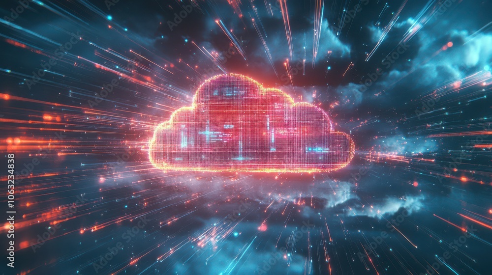 Illuminated Digital Cloud with Data Streams Symbolizing Cloud Computing and Big Data in a Futuristic Setting Illuminated Digital Cloud with Data Streams Symbolizing Cloud Computing and Big Data in a Futuristic Setting