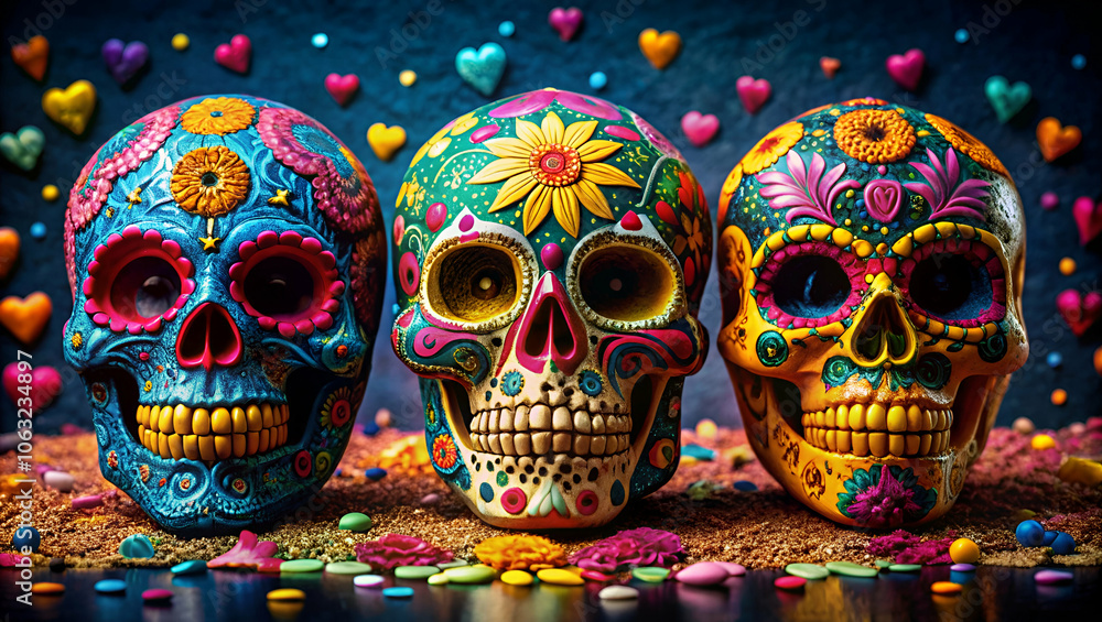 Obraz premium A vibrant display of colorful sugar skulls adorned with intricate patterns, celebrating the Day of the Dead with festive decorations and bright hues.