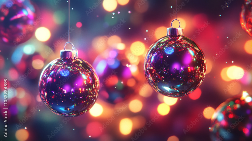 Vibrant Christmas ornaments hanging against a background of colorful festive lights and sparkling bokeh during the holiday season Vibrant Christmas ornaments hanging against a background of colorful festive lights and sparkling bokeh during the holiday season