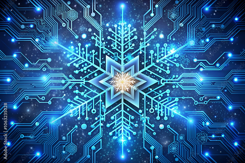A digital snowflake design with circuit patterns, glowing blue lights, and a central star, symbolizing technology and winter. A digital snowflake design with circuit patterns, glowing blue lights, and a central star, symbolizing technology and winter.
