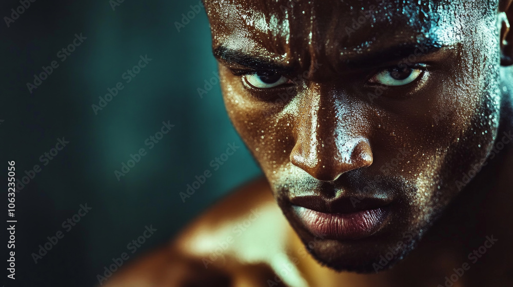 Intense close-up of a focused athlete preparing for competition in a dimly lit gym setting Intense close-up of a focused athlete preparing for competition in a dimly lit gym setting