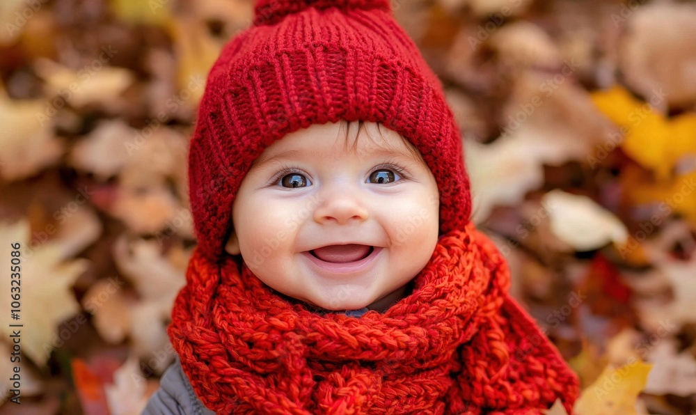 Happy baby in a red knit hat and scarf smiling while surrounded by autumn leaves Generative AI Happy baby in a red knit hat and scarf smiling while surrounded by autumn leaves Generative AI