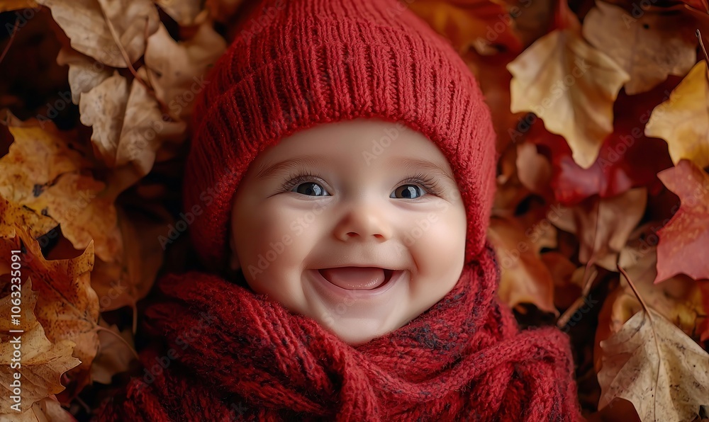 Happy baby in a red knit hat and scarf smiling while surrounded by autumn leaves Generative AI Happy baby in a red knit hat and scarf smiling while surrounded by autumn leaves Generative AI