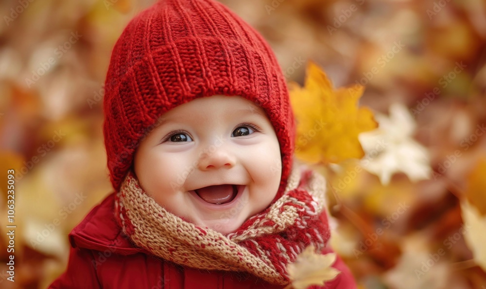 Happy baby in a red knit hat and scarf smiling while surrounded by autumn leaves Generative AI