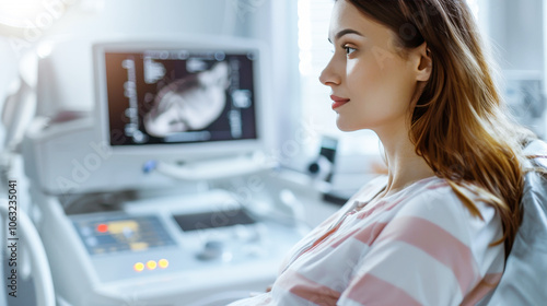 Pregnant woman visiting doctor for ultrasound checkup in medical clinic