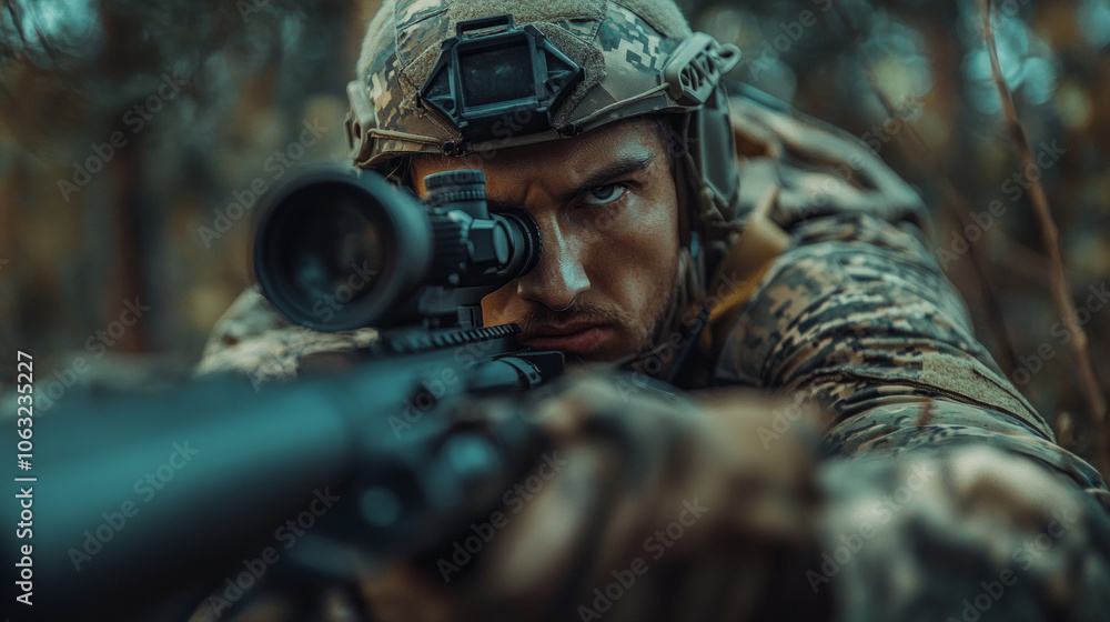 Soldier aiming through a scope while in a dense forest setting during tactical training at dawn Soldier aiming through a scope while in a dense forest setting during tactical training at dawn