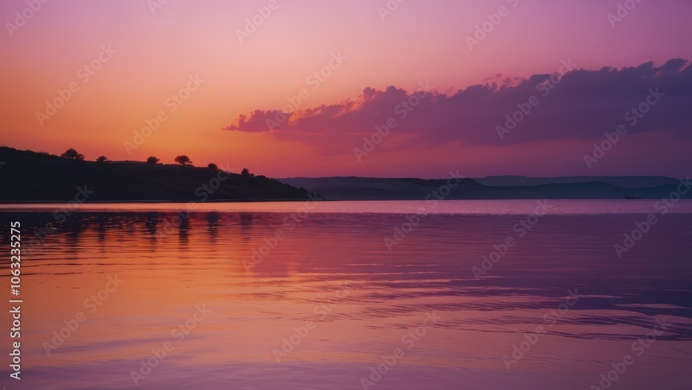 Fototapeta premium Breathtaking sunset over rolling hills adorned with vibrant wildflowers, showcasing a tranquil landscape in pastel hues