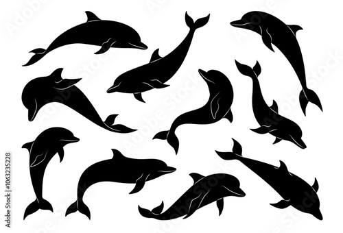 Dolphin icon. Sea whale jump, cute mammal logo, marine life. Mammal swimming animal, oceanarium and dolphinarium performance outline mascot. Fish in different poses. Vector black silhouette image
