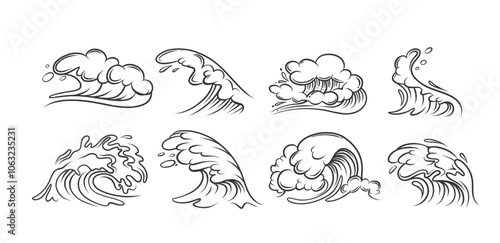 Sea waves doodle icons set. Simple retro sketches of water splashes and storm surf, wavy tide swirls. Nature elements, hand drawn beach stream and wild waves icons collection vector illustration