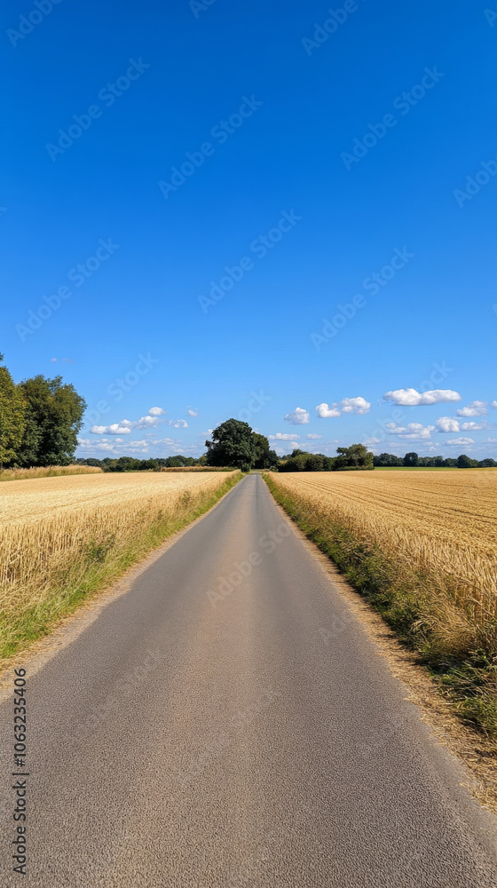 Fototapeta premium serene rural road stretches through golden fields under clear blue sky, evoking sense of tranquility and open space.