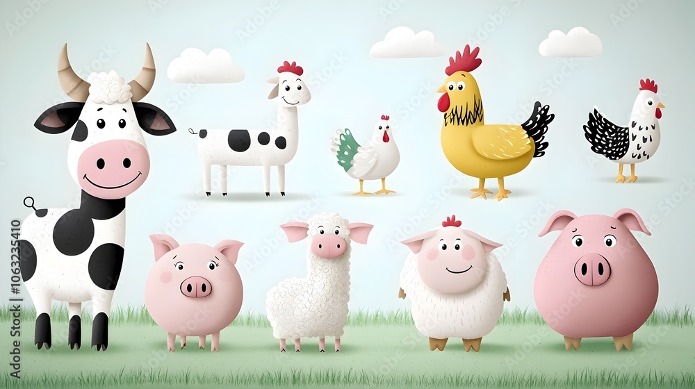 Naklejka premium Friendly Cartoon Cow Sheep Pig and Chicken Gathered in a Colorful Barnyard Setting